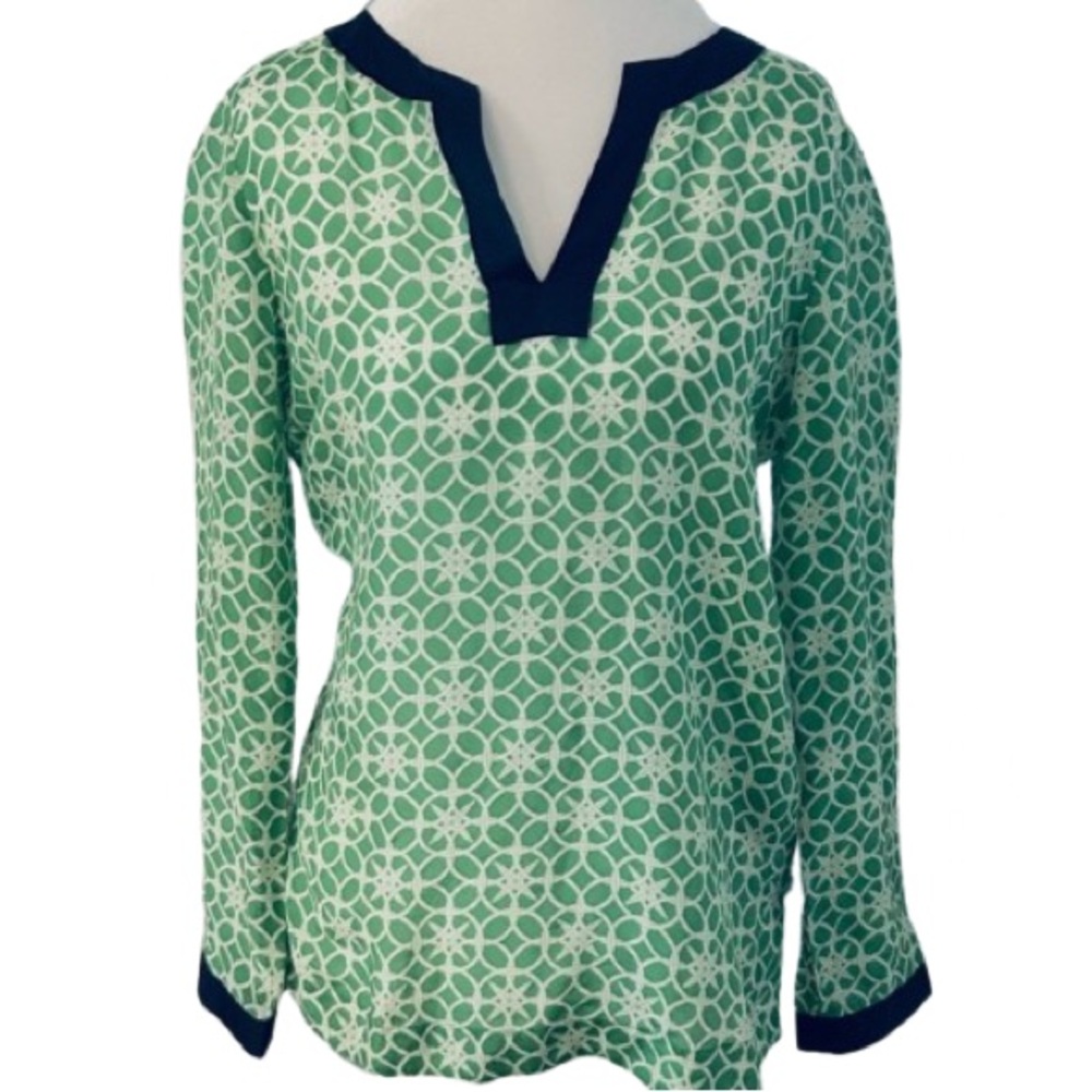 Silk Cotton Vineyard Vines XS Green Navy White Patterned Blouse Shirt Top Boho